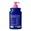 The back of a 16 fl oz bottle of DOUXO Itch Soothing Shampoo for dogs, featuring a dark blue bottle with a light pink pump dispenser and pink label accents.