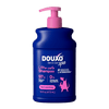 The front of a 16 fl oz bottle of DOUXO Itch Soothing Shampoo for dogs, featuring a dark blue bottle with a light pink pump dispenser and pink label accents.