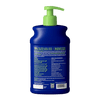 The back of a 16 fl oz bottle of DOUXO Puppy Ultra-safe Shampoo for dogs, featuring a dark blue bottle with a light green pump dispenser and green label accents.