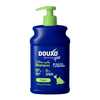 The front of a 16 fl oz bottle of DOUXO Puppy Ultra-safe Shampoo for dogs, featuring a dark blue bottle with a light green pump dispenser and green label accents.