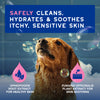 A picture of a dog in a bathtub, with a text banner highlighting this product Safely cleans, hydrates & soothes itchy, sensitive skin.