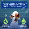A picture of a puppy in a bathtub, with a text banner highlighting this product Safely cleans, hydrates while respecting their fragile skin & coat.