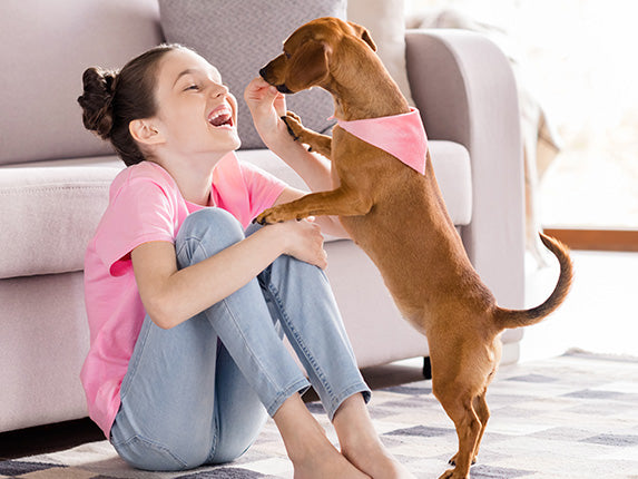 A child playing with a puppy on the floor.