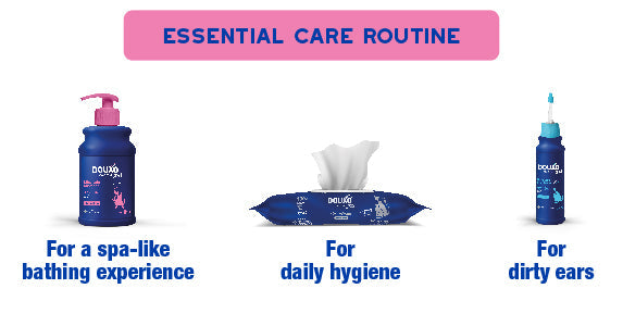 Image showing a routine using DOUXO Itch Soothing shampoo, DOUXO multipurpose wipes and DOUXO dewaxing ear cleaner.