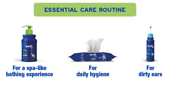 Image showing a routine using DOUXO Puppy shampoo, DOUXO multipurpose wipes and DOUXO dewaxing ear cleaner.