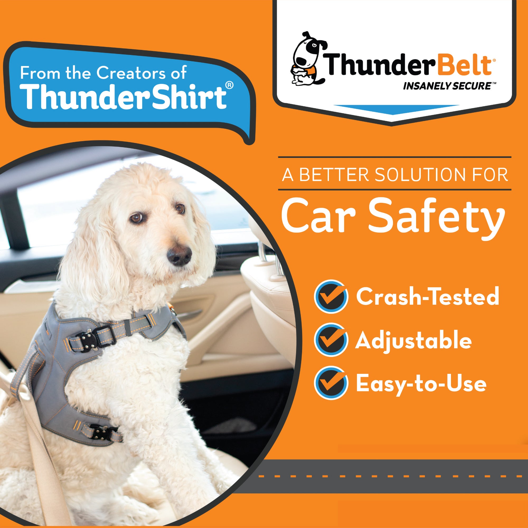 ThunderBelt for Dogs - Keep Your Dog Safe in the Car| T16-BeltGrey-S | T16-BeltGrey-M | T16-BeltGrey-L
